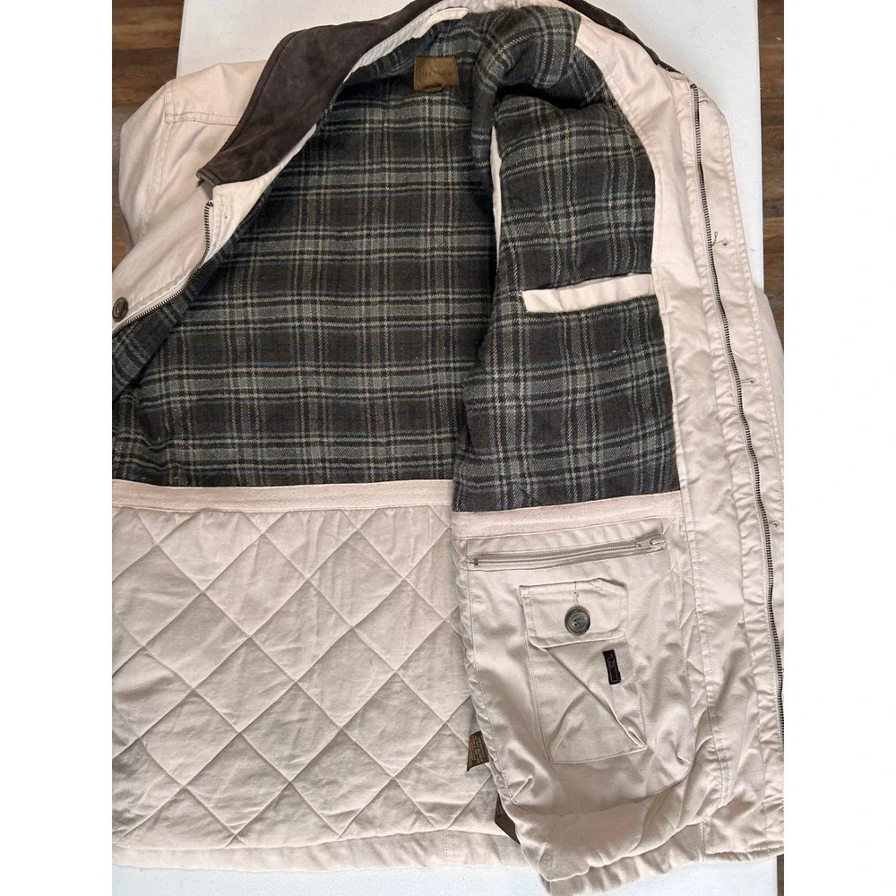 Vintage St. Johns Bay Field Jacket Tan Canvas‎ Corduroy Collar Plaid Lined Large